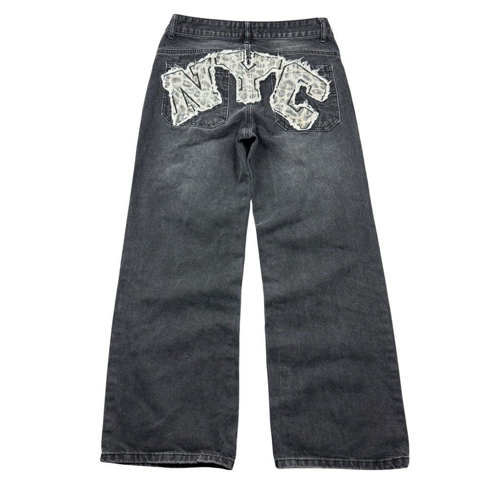 Disclosure Womens Size 9/29 Distressed Wide Leg NYC Patch Jeans Black Streetwear